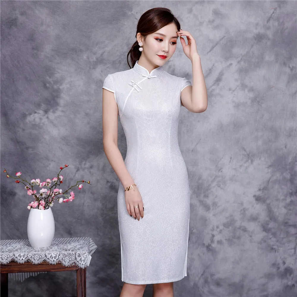 Шанхай история короткий рукав кружева Qipao длиной до колена Cheongsam платье китайское