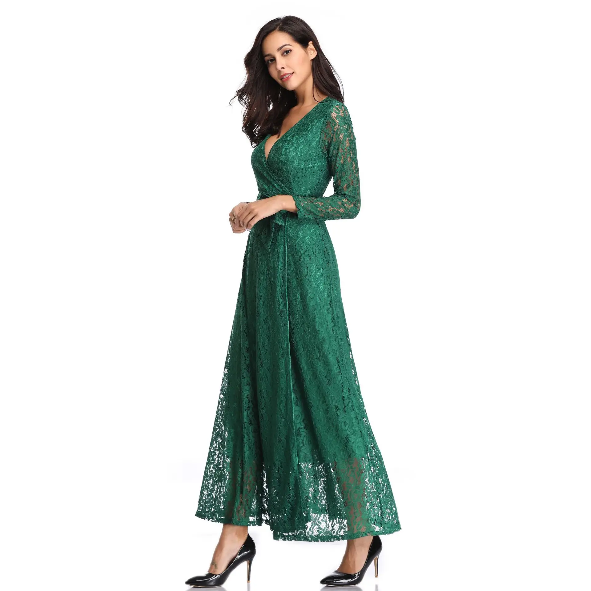 Женское платье осень зима 2019 новинка одноцветное v образный вырез длинный рукав