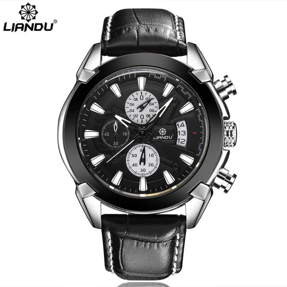 LIANDU Роскошные мужские часы коричневый черный кожаный хронограф