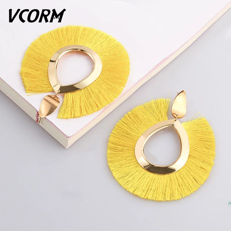 Yellow 2 VCORM, богемные серьги с кисточками, большие висячие серьги для женщин, модные ювелирные изделия, серьги, красный, черный, хлопок, шелк, ткань, бахрома, серьги, подарок - Окраска металла: Yellow 2