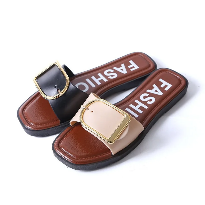 New go out Korean version of the buckle slippers female summer wear flat sandals wild fashion outdoor beach | Обувь