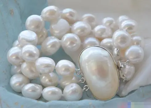 

3ROW 8" 15mm BAROQUE WHITE FRESHWATER PEARL BRACELET MABE Noble style Natural Fine jewe SHIPPING new