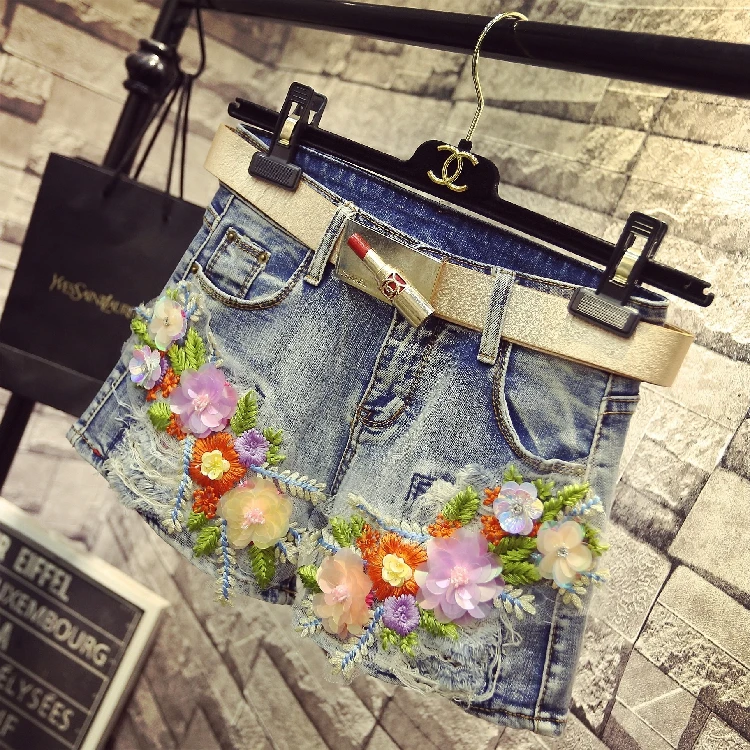 

New short denim shorts female edition holes show thin fashionable shorts C9juNLJK0j embroidered flowers