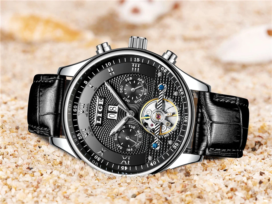 LIGE Fashion Sports Watch Men Business Leather Clock Mens Watches Top Brand Luxury Automatic Mechanical Watch Relogio Masculino