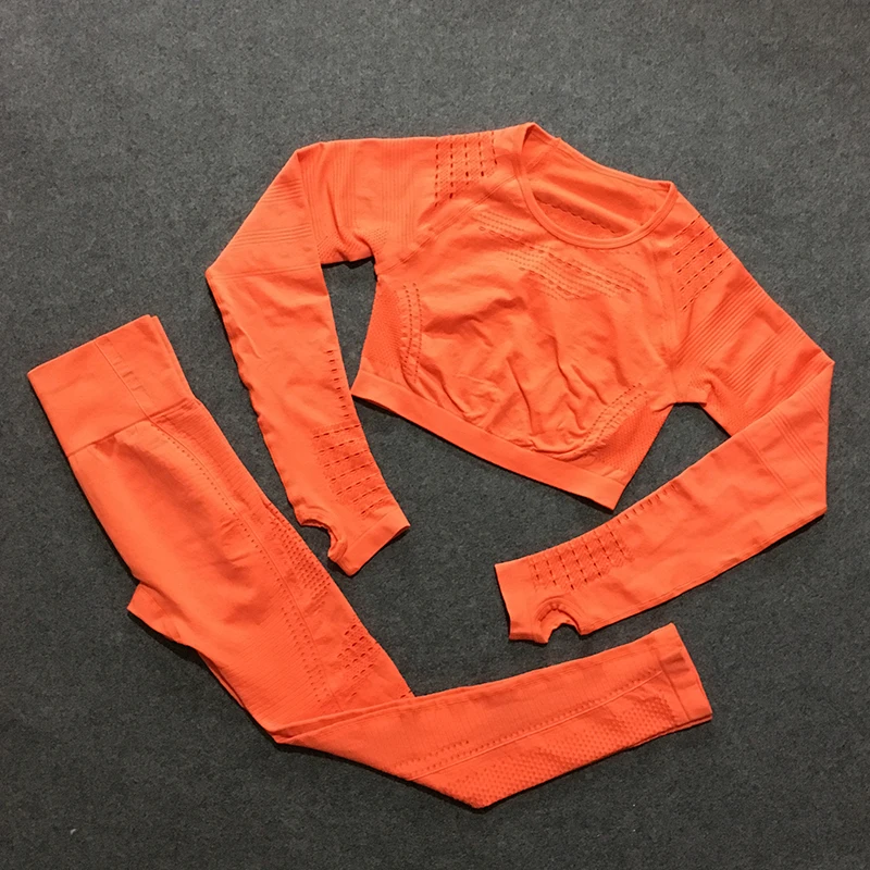 orange set Спортивный комплект из 2 предметов, тренировочная одежда для женщин, безупречный трикотажный топ с длинным рукавом+ бесшовные леггинсы, комплект из 2 предметов для йоги - Цвет: orange set