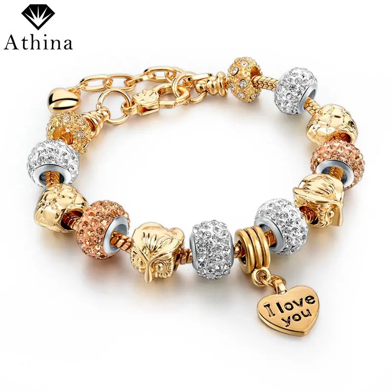 

Jewelry Gold Heart Charm Bracelet With Crystal Beads Bracelets For Women Bangles DIY Jewellery Pulseras SBR160040