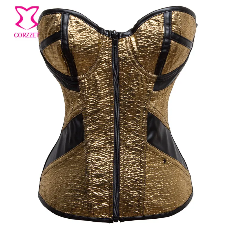 Корсет женский кожаный на молнии готический утягивающий корсет золотистый из