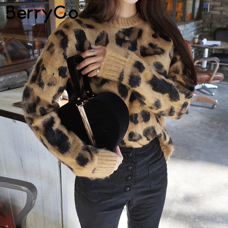 BerryGo Sexy leopard knitted long sleeve women sweater Female autumn winter pullover Casual o neck jumper femme 2018 | Женская одежда