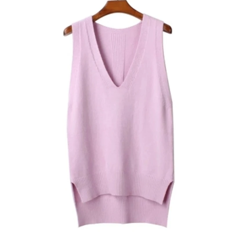 Nice Spring Loose Vest V Neck Knitted Sleeveless Sweater For Women Side Split Grey Sweaters Vests Pullover Female Waistcoat | Женская