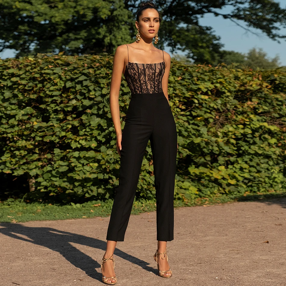 Summer New Women's Sexy Black Bandage Jumpsuit Sleeveless Lace Bodycon Jumpsuit Celebrity evening Party Jumpsuit