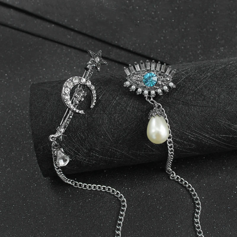 Брошь с жемчужинами и глазами дьявола в стиле ретро звезда луна кристалл скипетр