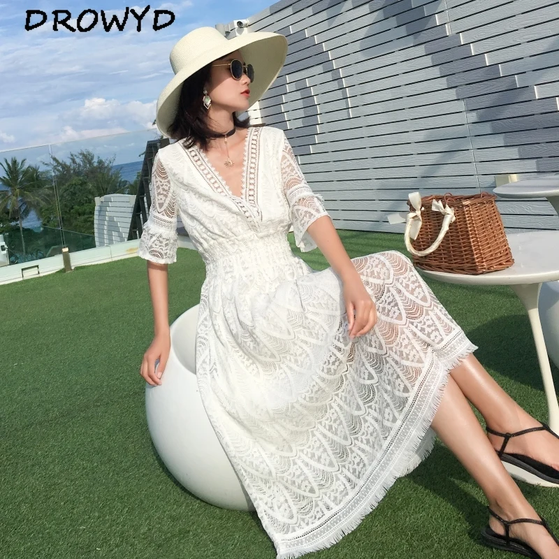 DROWYD, летнее, белое, кружевное, Пляжное, с вырезом, сексуальное, миди платье, женское, бохо, короткий рукав, элегантное, v-образный вырез, для отдыха, для клуба, для вечеринки, платье vestidos