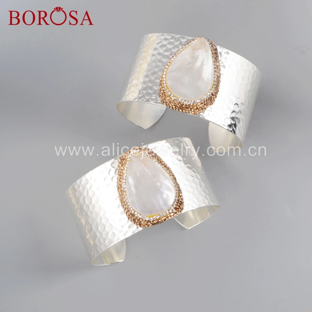 

BOROSA 5PCS Silver Color Rhinestone Pave Natural White Shell Copper Open Bangles Wide Bangle Bracelets Fashion Jewelry JAB953