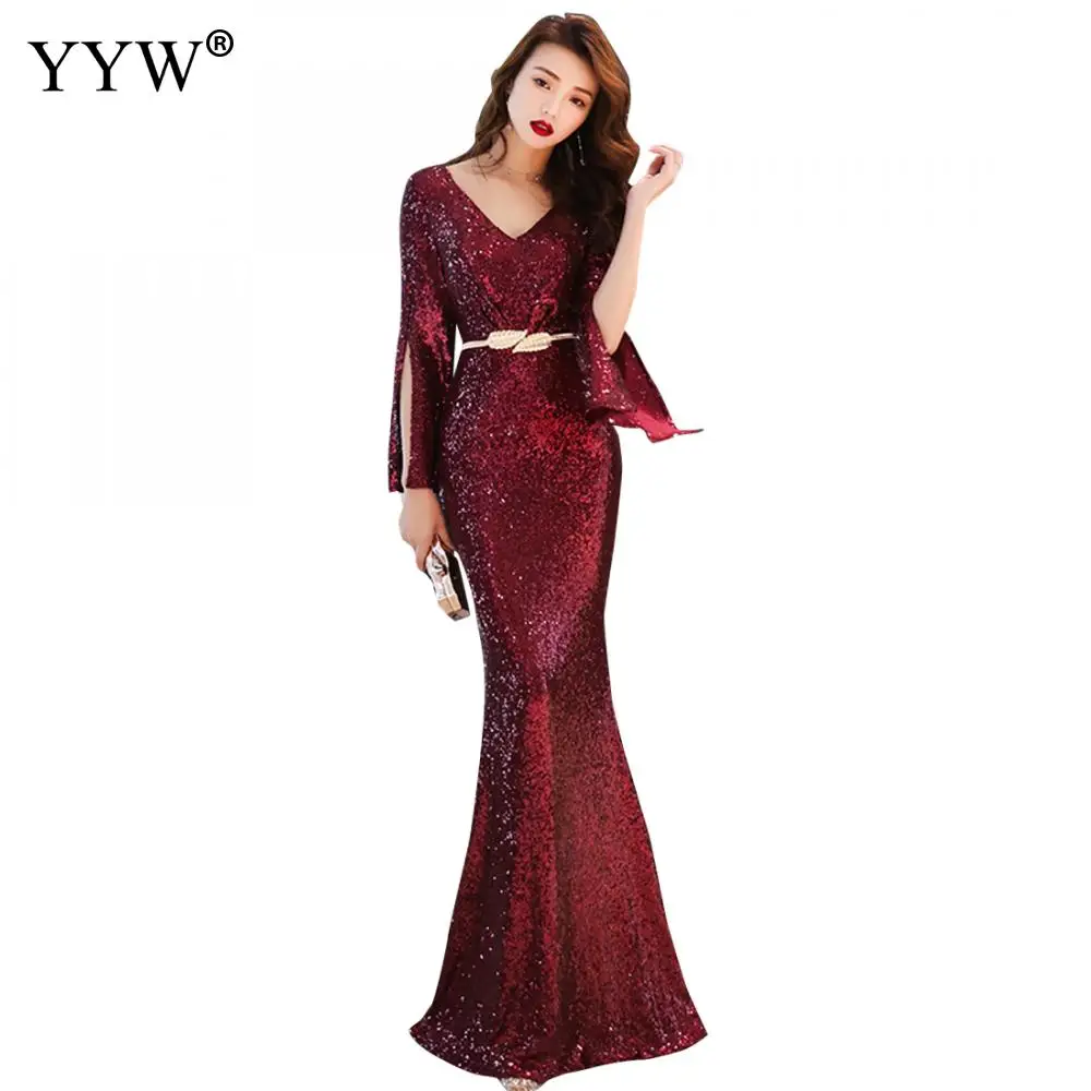 Женское вечернее платье с блестками золотистое красное зеленое Макси v образным