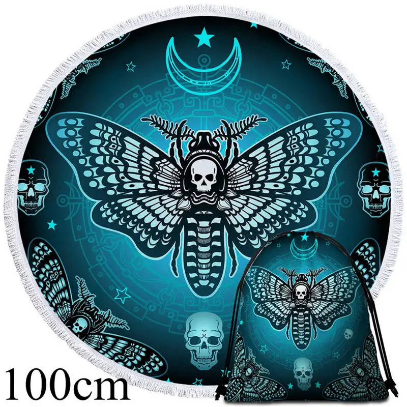 001 Towel 100cm-Bag Постельное белье Outlet Death Moth круглое пляжное полотенце Готический Череп полотенце большое для взрослых бабочка Toalla кисточкой Луна галактика коврик для пикника - Цвет: 001 Towel 100cm-Bag