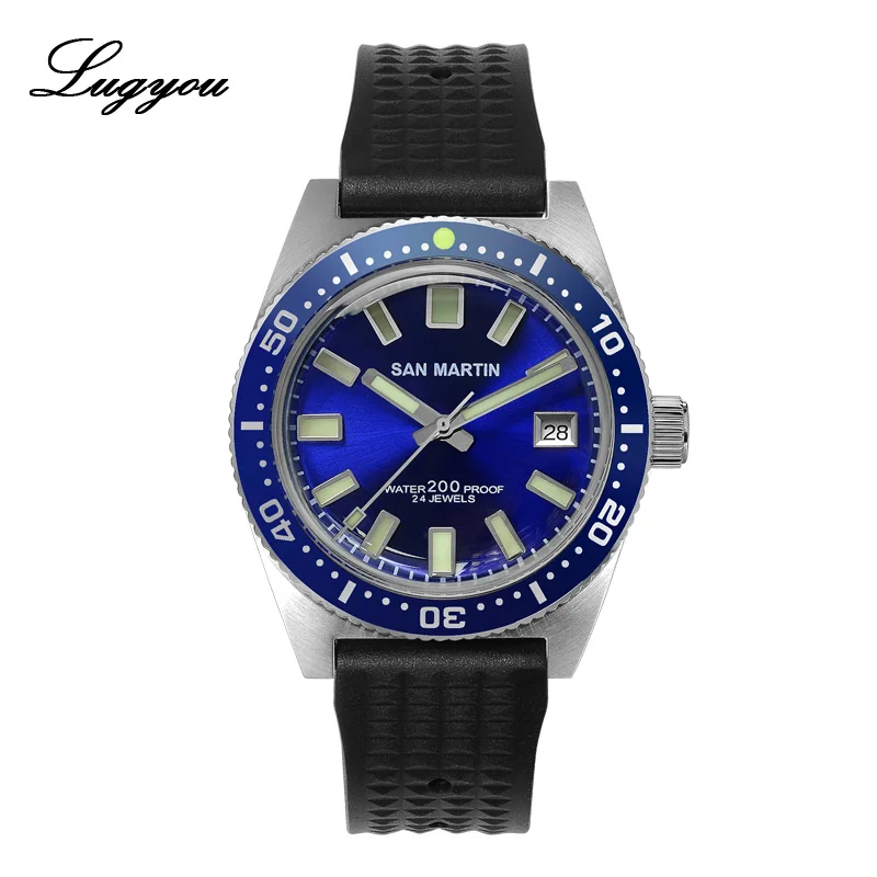 Rubber Blue Lugyou San Martin 62Mas Diver механические Автоматические Мужские часы из нержавеющей стали NH35 керамический ободок с циферблатом от солнца резиновое минеральное стекло - Цвет: Rubber Blue