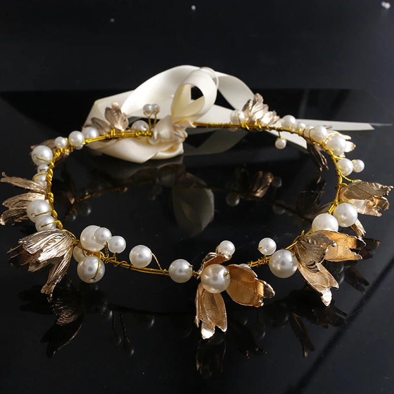 Золото Цвет листьев жемчужные свадебные повязки с лентой глава ювелирные
