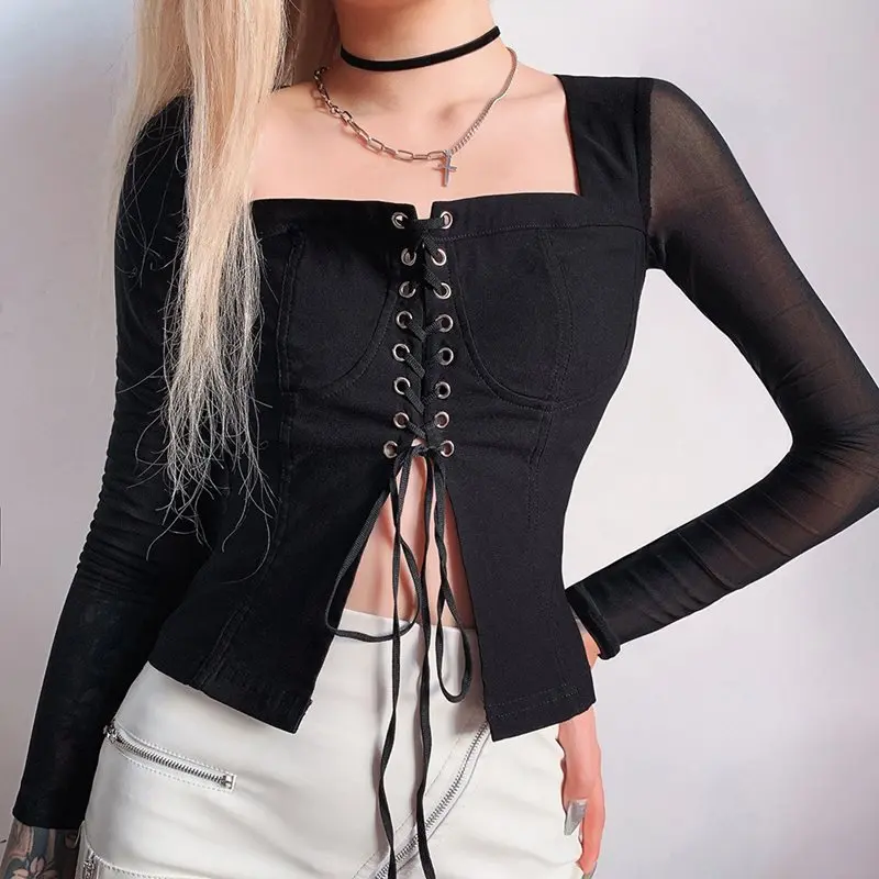 Сексуальная футболка для женщин прозрачная Сетчатая с длинным рукавом Весна