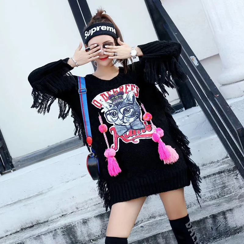 Lazy wind tassel sweater female loose European station 2018 autumn new cartoon sequins pullover tide card | Женская одежда