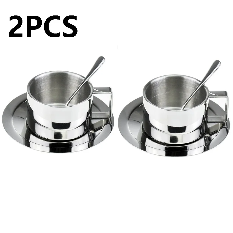 2PCS Набор кофейных чашек и блюдцев из нержавеющей стали, чашки для эспрессо, латте, капучино, чайная чашка с блюдцем и ложкой, 200 мл - Цвет: 2PCS