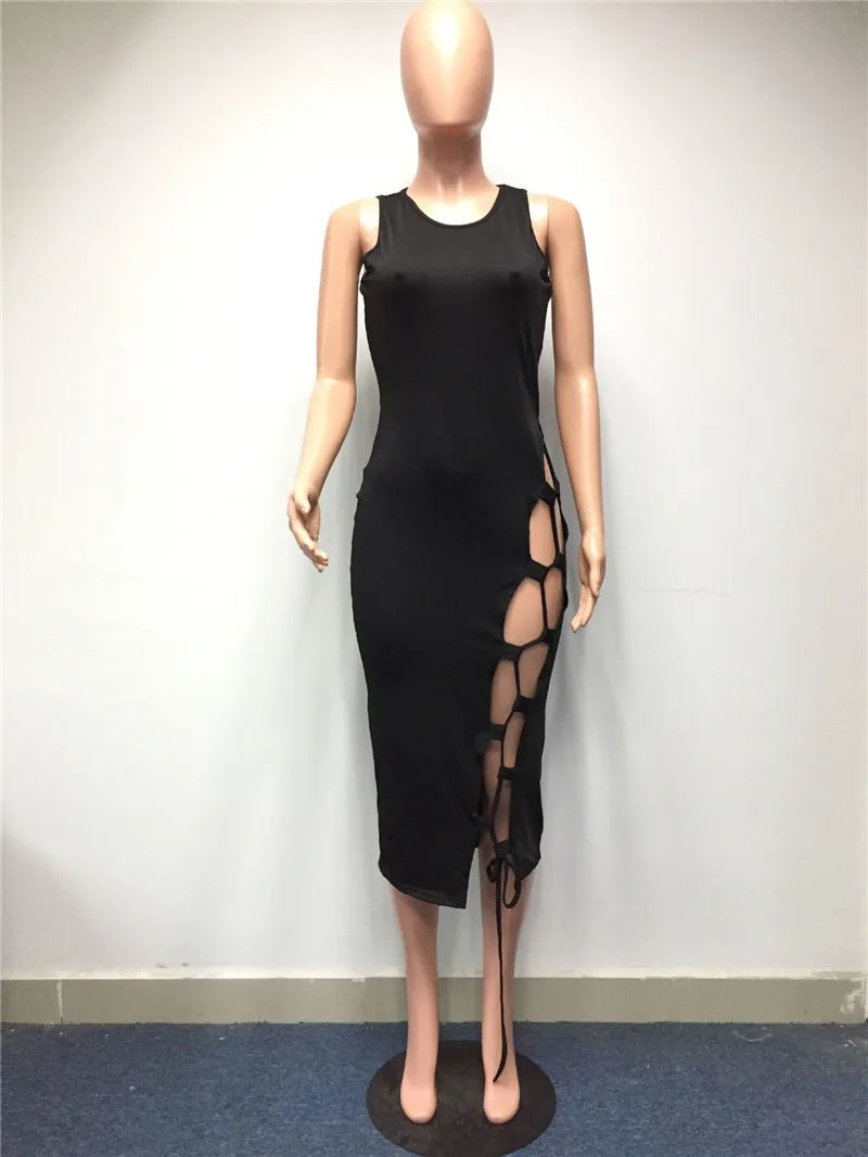 Женское черное Бандажное платье без рукавов с О образным вырезом до колена