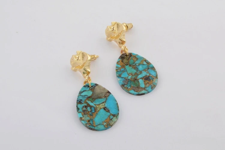 10 Pairs Earrings BOROSA Gild Каплевидная форма медь натуральная бирюза ломтик Висячие серьги латунь Howlites синие серьги Камни для леди G1796 - Окраска металла: 10 Pairs Earrings