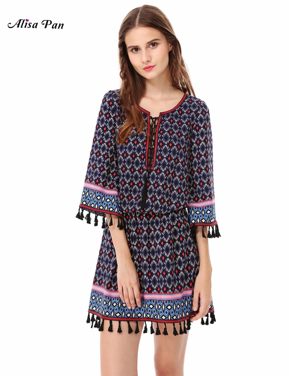 Для женщин Printed A-Line Лето Boho Платья для 2017 Алиса Пан as05620nb Мода кисточкой