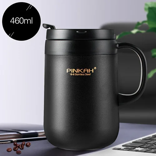 460ML Black 350 мл/460 мл креативный термос с двойной крышкой кофейная кружка из нержавеющей стали Термокружка вакуумная колба с ручкой для путешествий Кофе термо - Цвет: 460ML Black