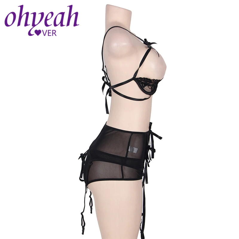 Ohyeahlover нижнее белье женский бюстгальтер интимный бюстгальтер набор нижнего белья сексуальный RM80421 Dessous открытая промежность Черное кружево 3 шт Открытый бюст бюстгальтер набор