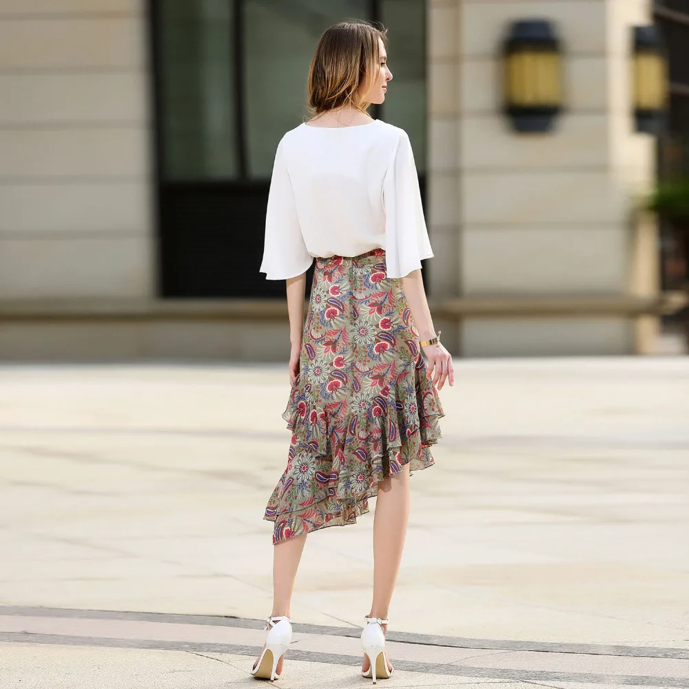 Элегантный Цветок Печати Юбка Midi Мода Пояса Zip Талии Оборками Шифон