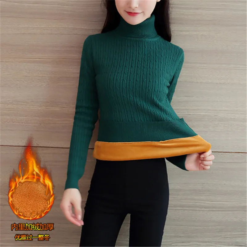 Autumn winter Women Knitted Sweaters Pullovers Turtleneck Long Sleeve Solid Color Slim Elastic Add velvet Short Sweater | Женская одежда