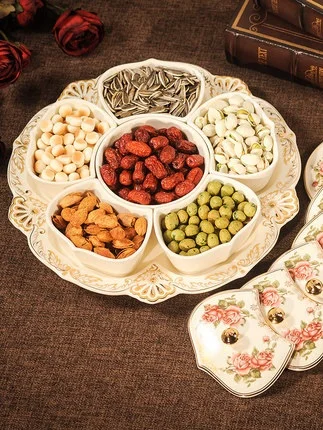 

European-style dried fruit tray ceramics grid with lid creative dried fruit box candy melon seeds snack tray living room fruit t