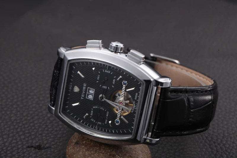 TEVISE Мужские автоматические часы Tonneau с циферблатом стимпанк Tourbillon часы Механические самовздувающиеся кожаные Наручные часы с календарем 8383B