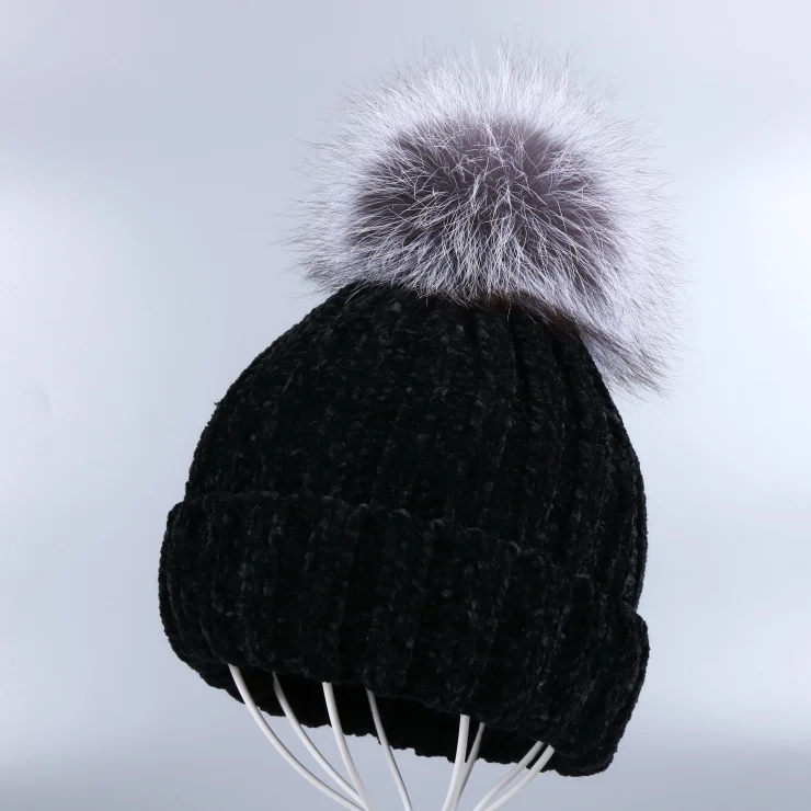 Fox Pom black hat Новые женские зимние шапки из синели, помпоны из натурального меха лисы и норки, винтажные повседневные шапочки в полоску с помпонами - Цвет: Fox Pom black hat