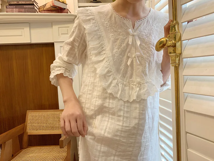 Женская белая Пижама, хлопковое платье, ночная рубашка, женская пижама принцессы, Милая женская ночная рубашка с длинным рукавом