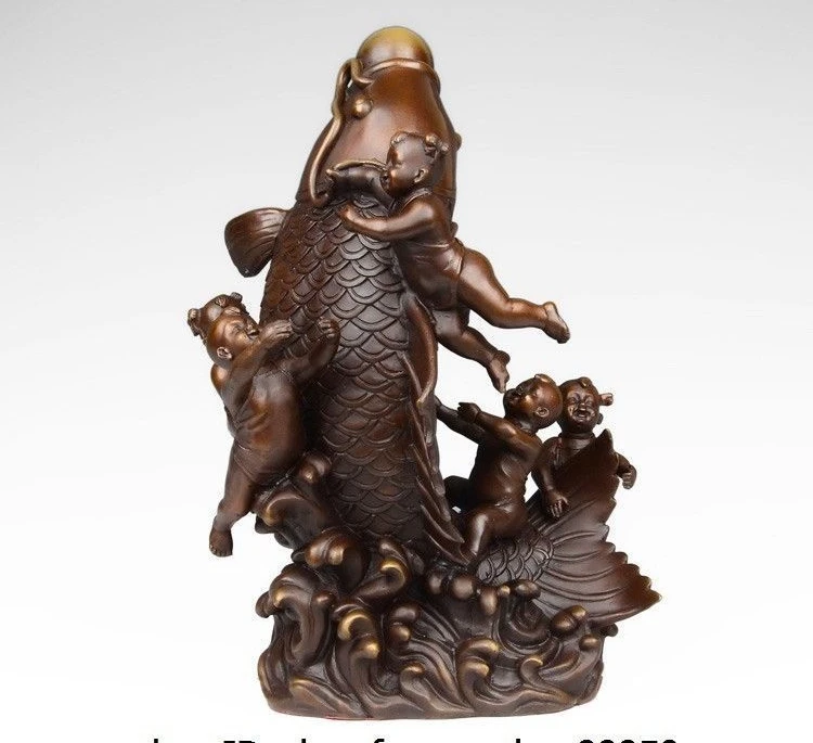 

China Pure Red Copper Auspicious Five Boy Fish Carp Decoration Statue Sculpture