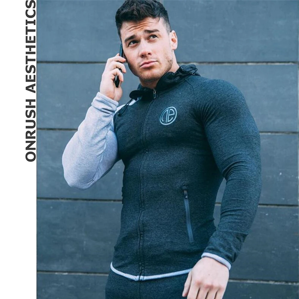 

Men's Fitness Patchwork Hooded Sweatshirts Bodybuilding Embroidered Gym Cotton Slim Zipper Cardigan Tracksuit Top