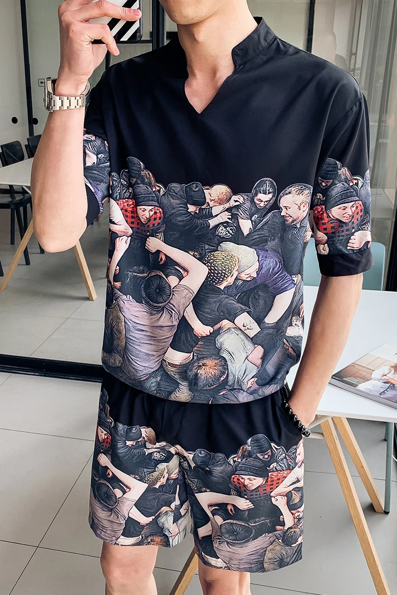 Модный Печатный комплект из 2 предметов 2019 лето с короткими рукавами футболка