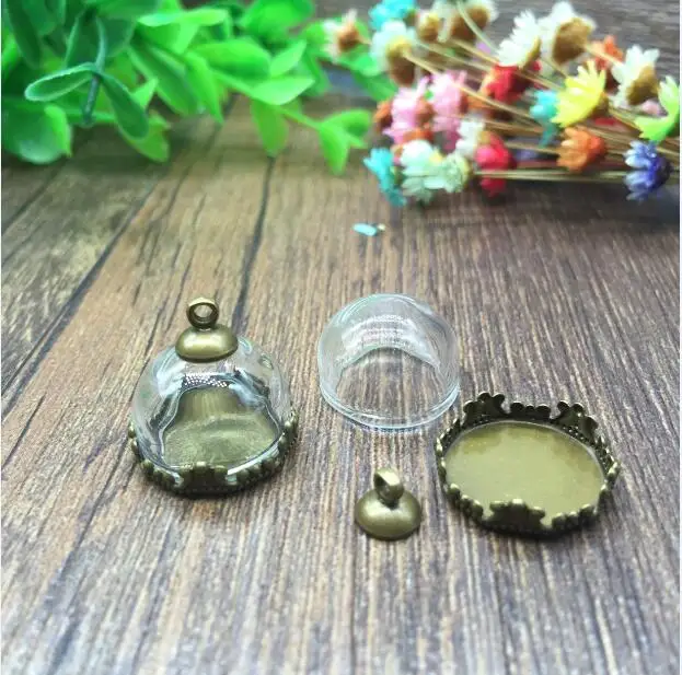 50sets/lot 15mmhalf round glass globe dome bronze silver/gold color crown base beads cap set vial pendant | Украшения и