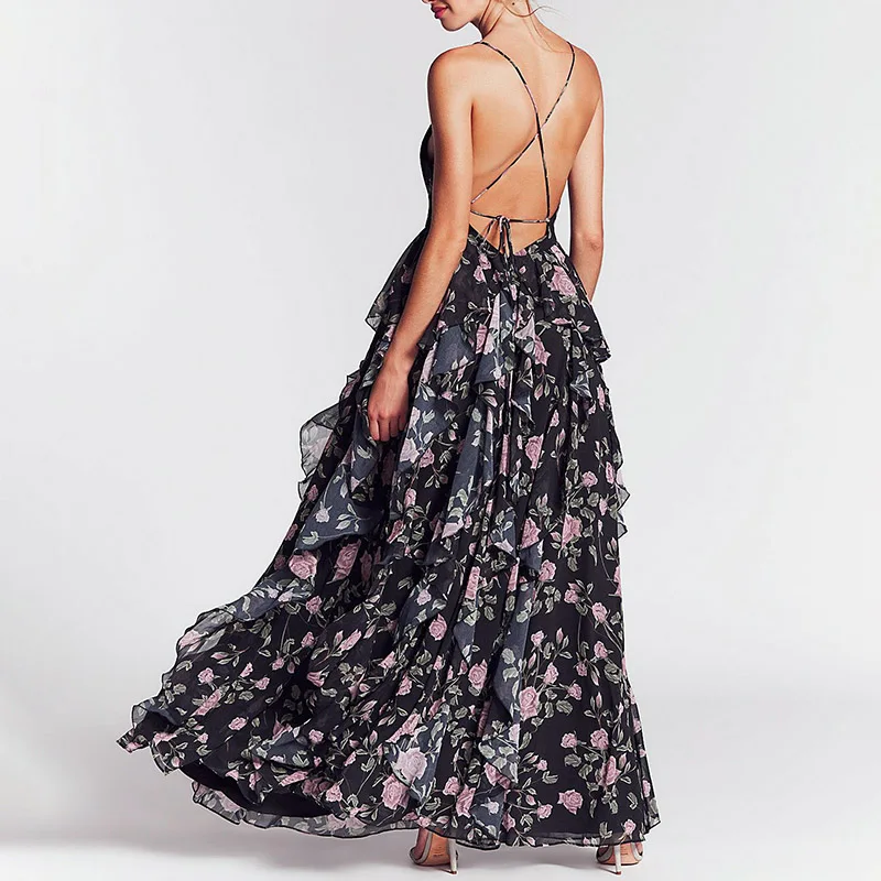 Vintage floral print maxi dress women Summer ruffle chiffon sleeveless plus size vestidos Sexy backless long festa | Женская одежда