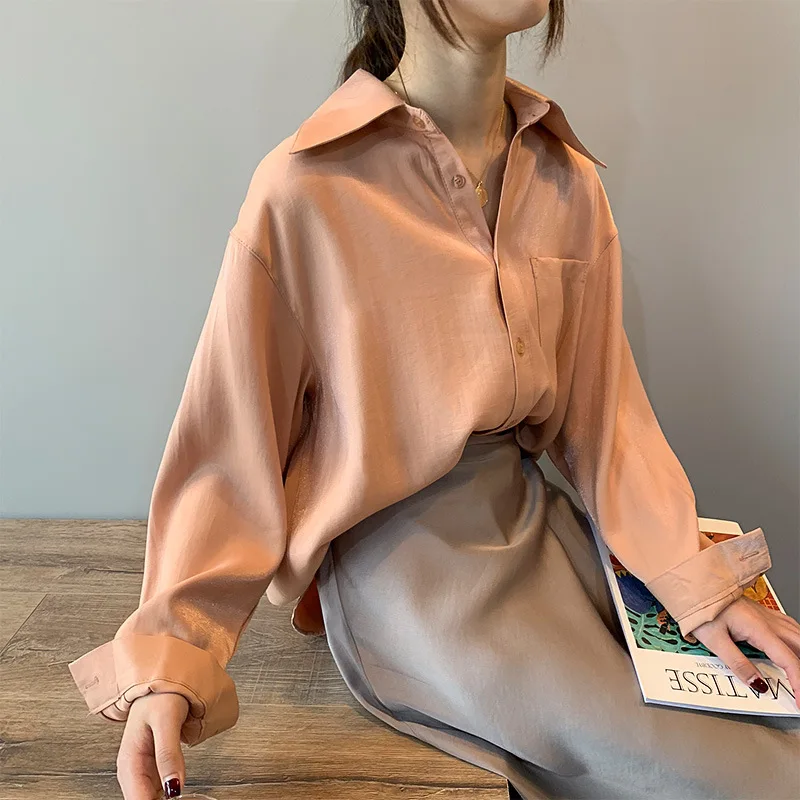 

New Wild Shirt Women's Solid Color Loose Casual Slim Satin Light Shirt