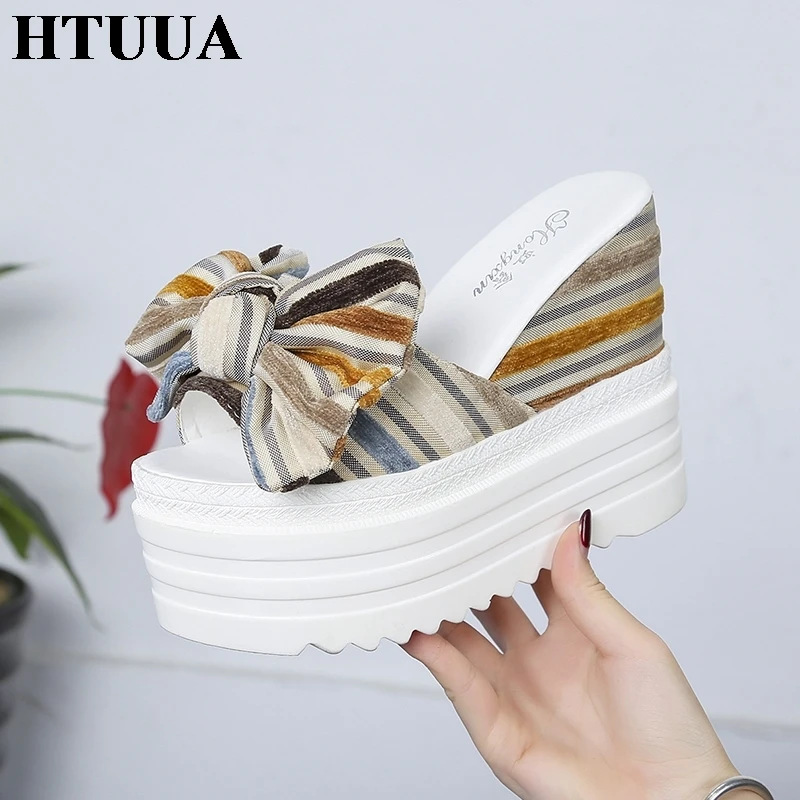 HTUUA/2019 г. Летние полосатые тапочки на танкетке с бантом женские повседневные