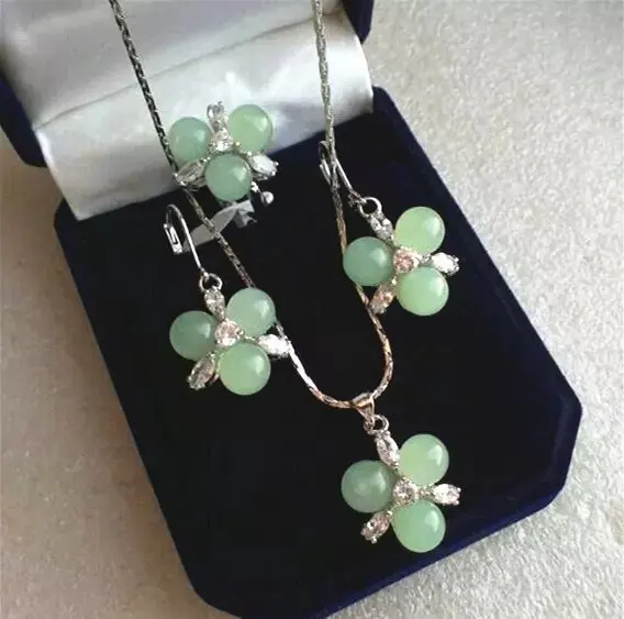 

wholesale fashion new design jewelry 3 light green Natural jade beads flower pendant earrings & ring(#7.8.9) jewelry sets