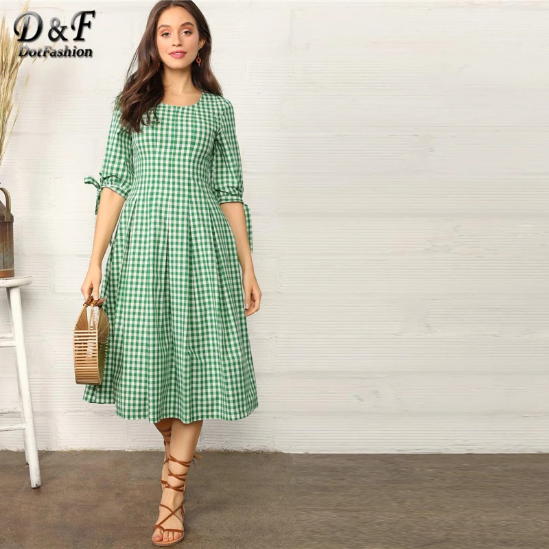 Dotfashion узлом манжеты зонтик Fit& Flare платье женская одежда элегантный дизайн половина рукава Лето трапециевидной формы платья для женщи