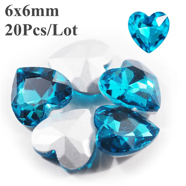 peacock blue 6 мм 20 шт сердце для ногтей стеклянные стразы 3D с плоской задней частью камни на День святого Валентина красочные хрустальные маникюрные художественное оформление ногтей драгоценные камни - Цвет: peacock blue