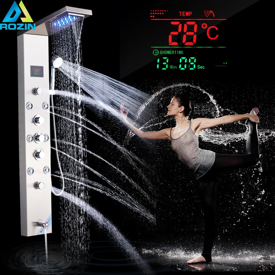 Душевая колонка Rozin LED тройная ручка матовый никель | AliExpress