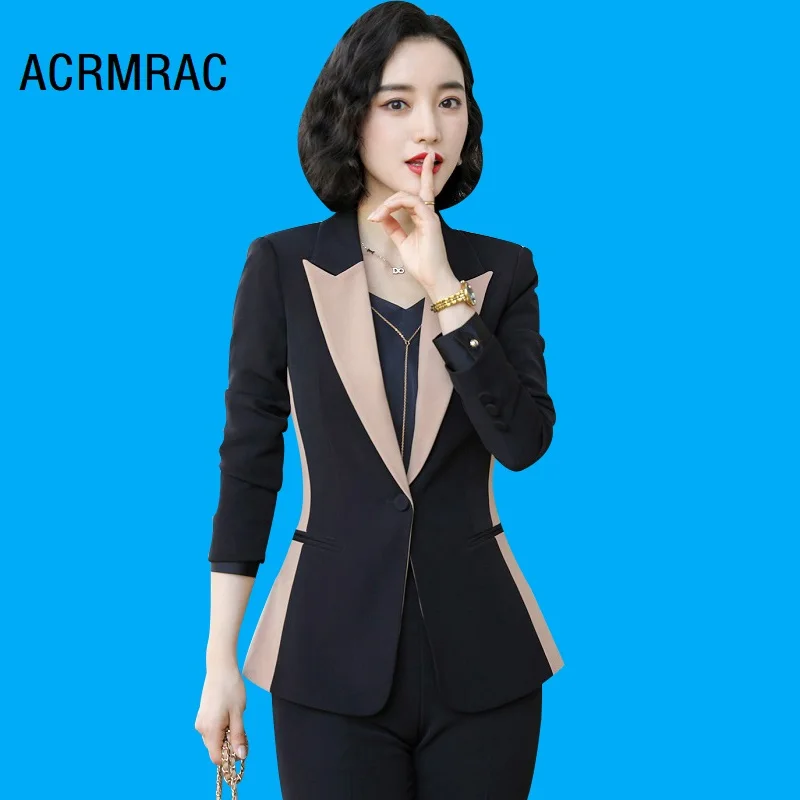 

Women suits Slim autumn Contrast color Long sleeve jacket Pants 2-piece set OL Formal Women pants suits Woman set suits 9856