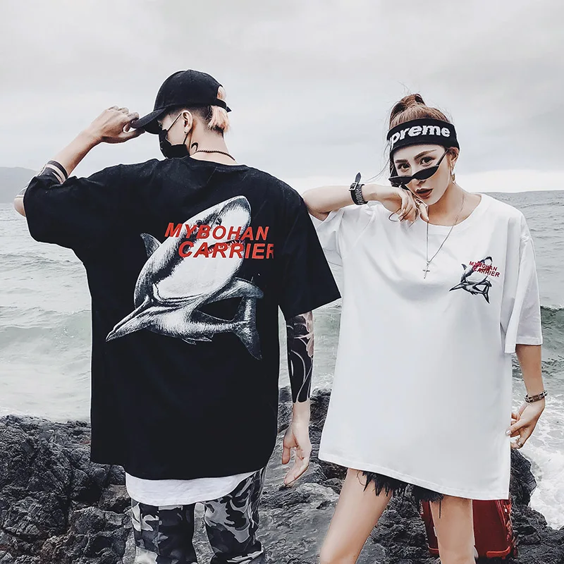 2019 летняя новая футболка с короткими рукавами принтом акулы Harajuku Hip-Hop Street Высокое