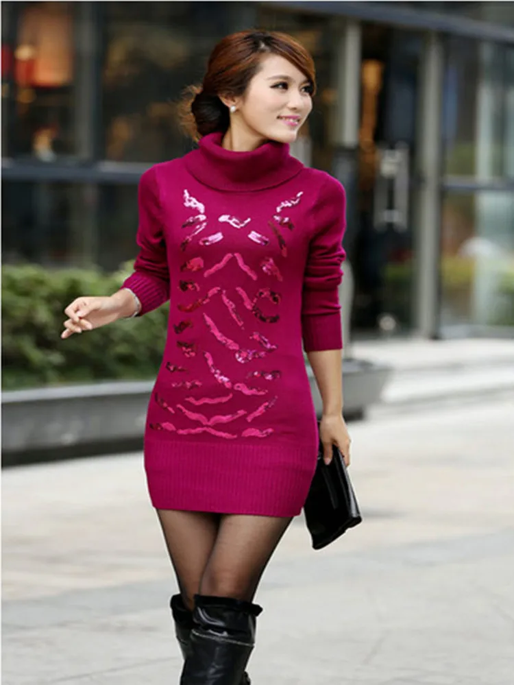 

Free shipping,thickening women turtleneck paillette sweater long sweater design basic shirt outerwear