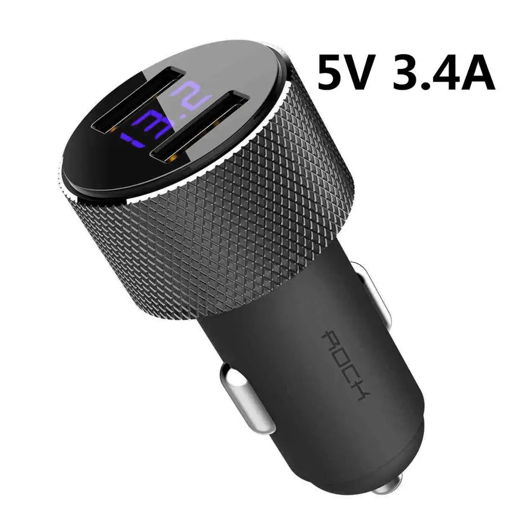 Black 3.4A Автомобильное зарядное устройство ROCK Metal с цифровым дисплеем Dual USB 3.4A для iPhone X 8 7 Xiaomi samsung, быстрая зарядка, мониторинг напряжения телефона - Тип штекера: Black 3.4A